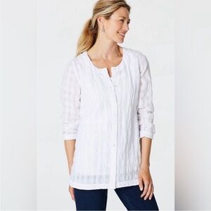 Laura Ashley 100% Linen Checkered white button down tunic blouse LP